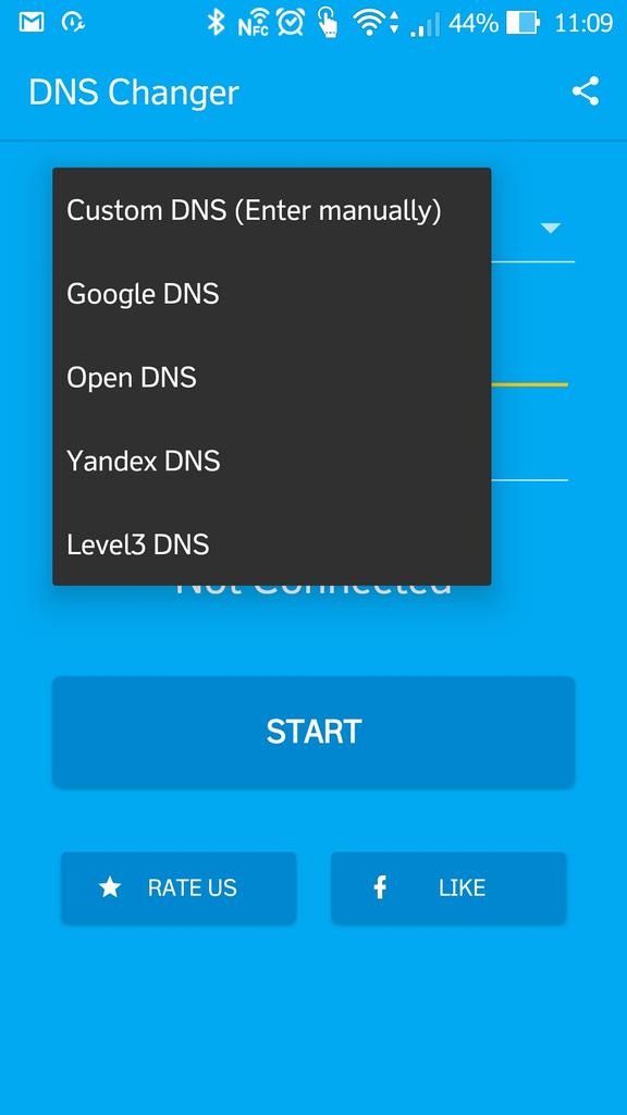 Opciones en la aplicación DNS Changer