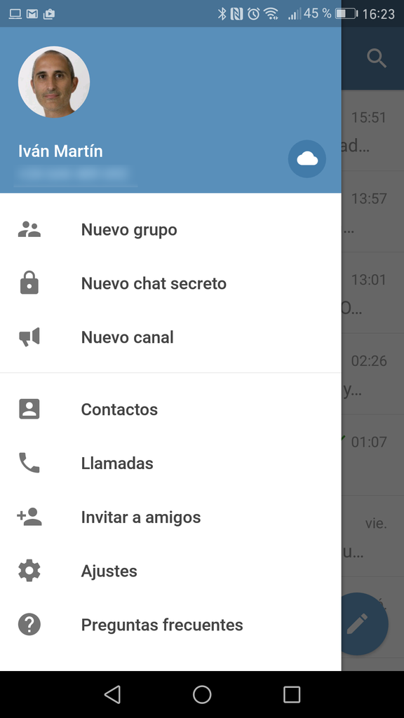 Interfaz de Telegram con nube