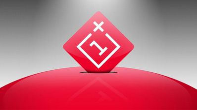 Logotipo de la compañía OnePlus con fondo rojo y gris