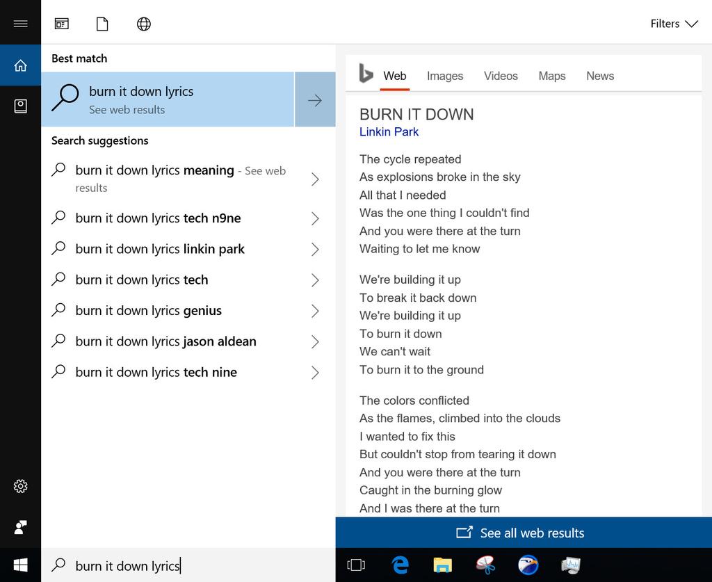 Interfaz de las nuevas búsquedas en la web con Cortana