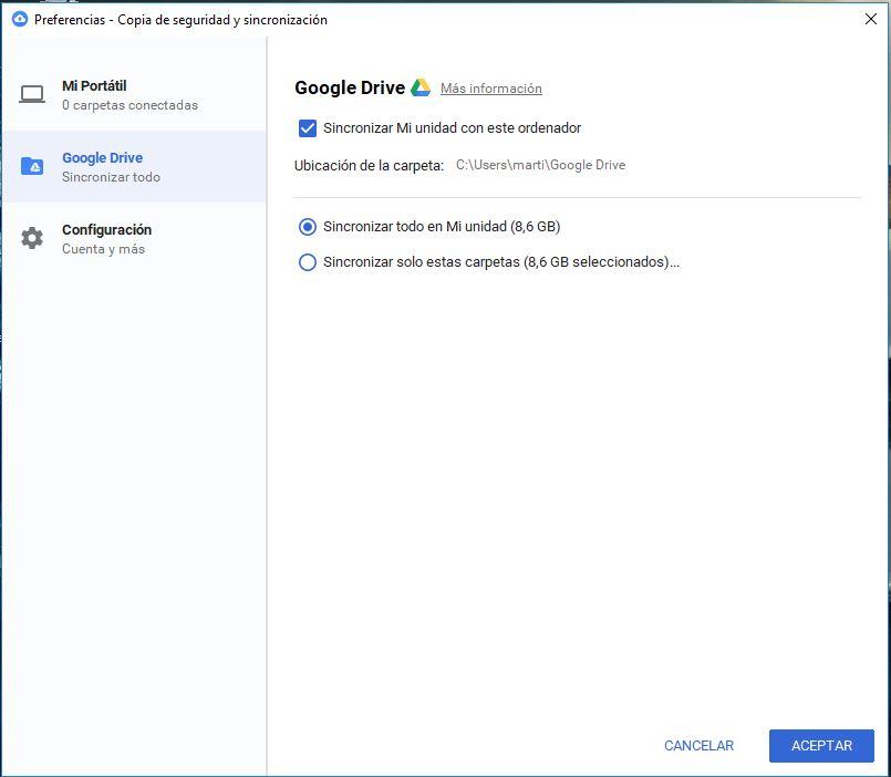 Opciones incluidas en Google Copia de Seguridad y Sincronización