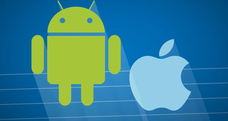 Logotipos de iOS y Android con fondo azul