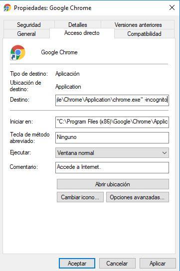 Iniciar Google Chrome en modo incógnito