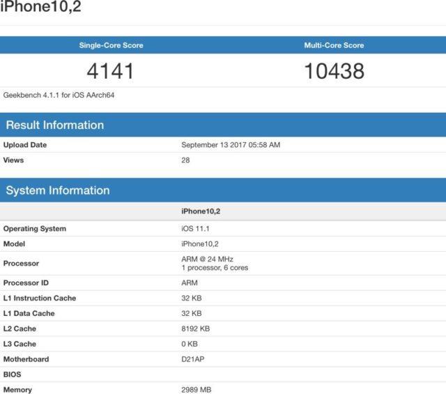 Resultado GeekBench del A11 del iPhone X