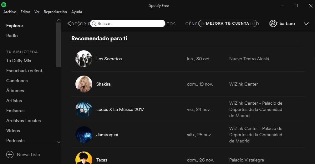 Listado de conciertos en Spotify