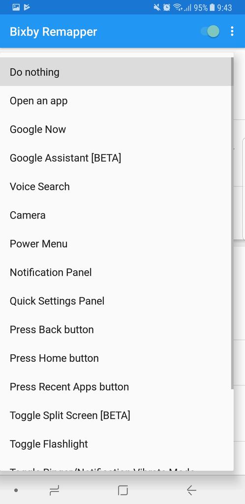 Lista de opciones para cambiar el uso del botón Bixby