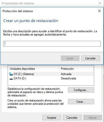 Nombre de punto de restauración en Windows 10