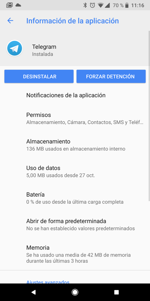Información aplicación en Android Oreo