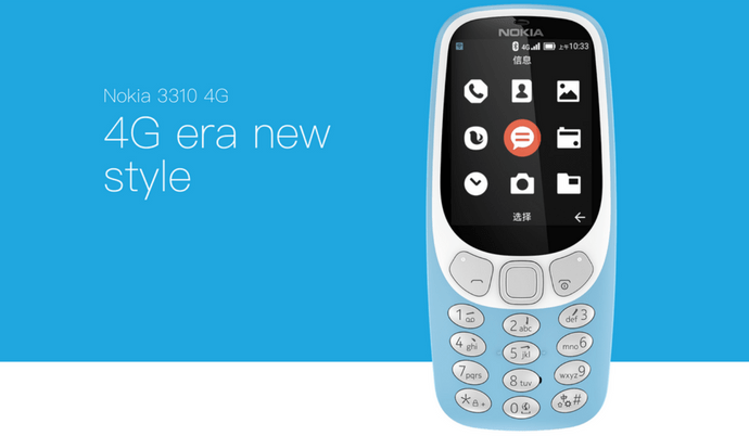 Nokia 3310 4G con fondo azul