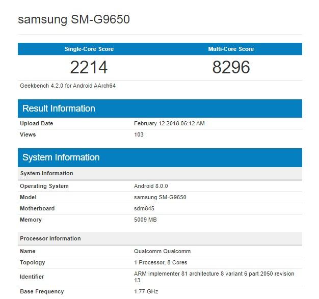 Samsung Galaxy S9 Geekbench co Snapdragon 845