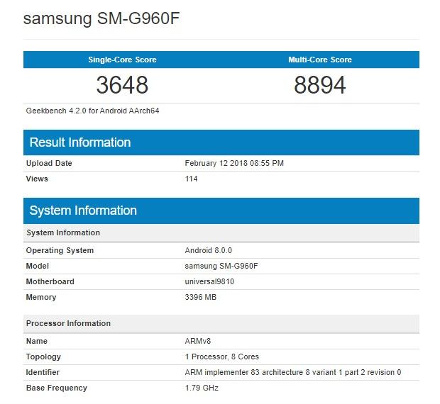 Samsung Galaxy S9 Geekbench con Exynos 9810