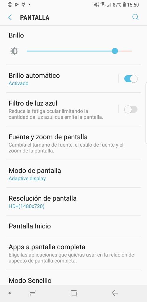 Opciones de la pantalla del Samsung Galaxy S9