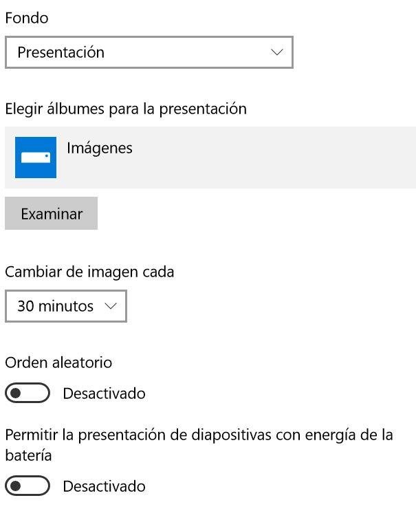 Opciones de presentación como fondo de escritorio en Windows 10