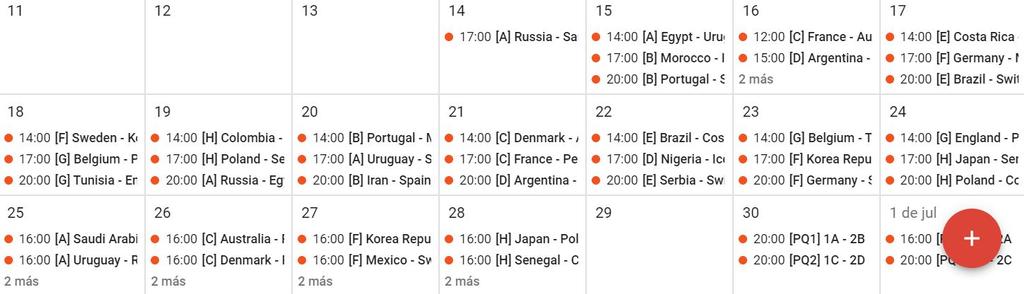 Lista de partidos del Mundial de Rusia 2018 en el calendario de Google