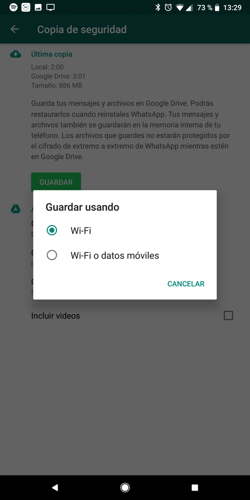 Uso de conexión en las copias de seguridad de WhatsApp