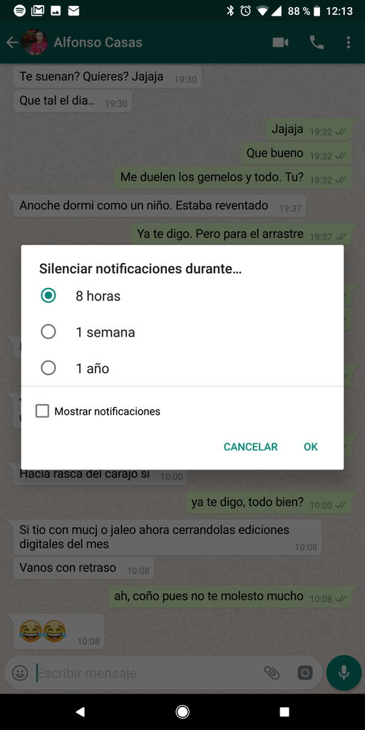 Opciones al silenciar contactos en WhatsApp