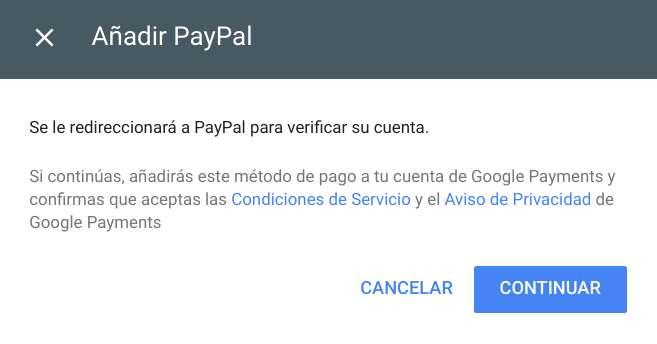 Redirección para utilizar una cuenta de PayPal para comprar en Play Store