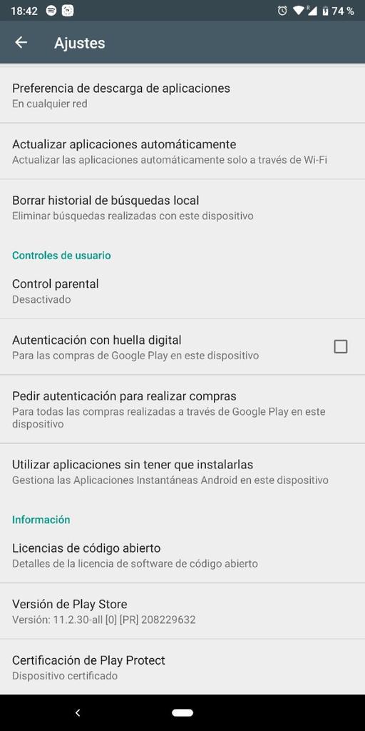 Ajustes de Play Store para Android