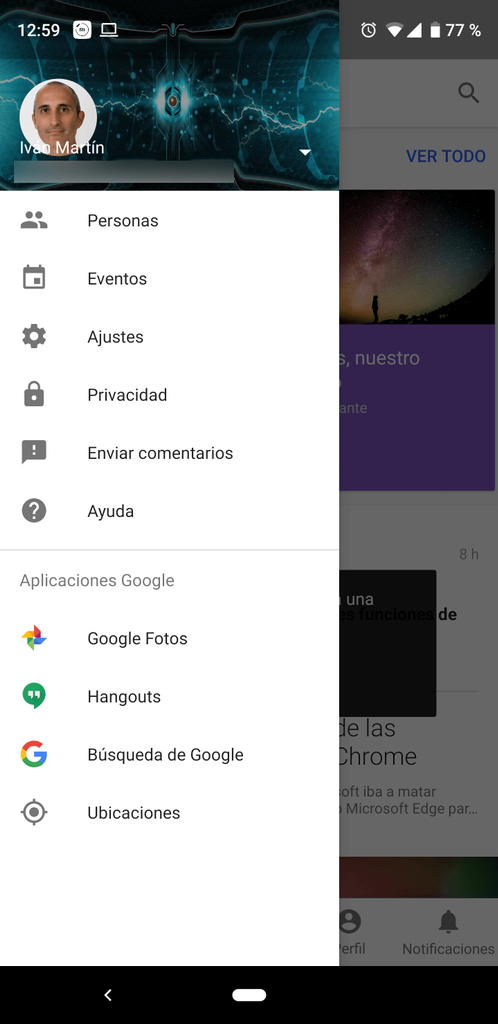Interfaz de la aplicación Google+