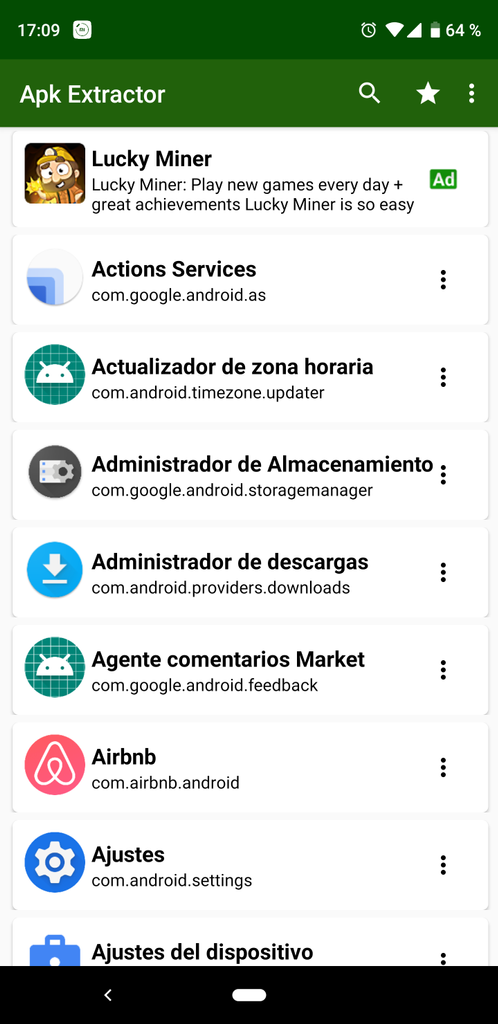 Lista de aplicaciones en APK Extractor para Android