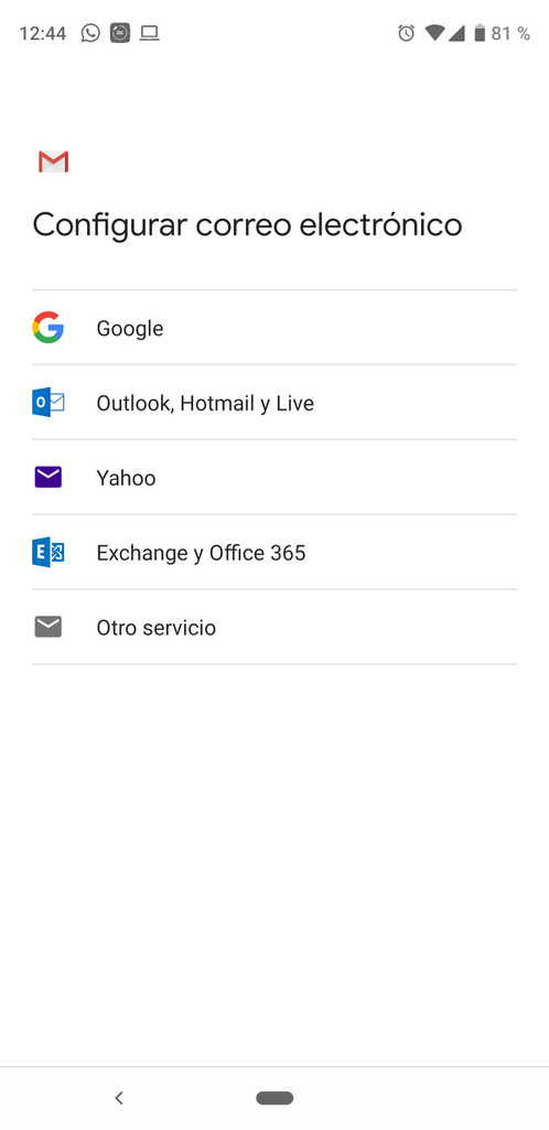 Lista de servicio Outlook en Gmail
