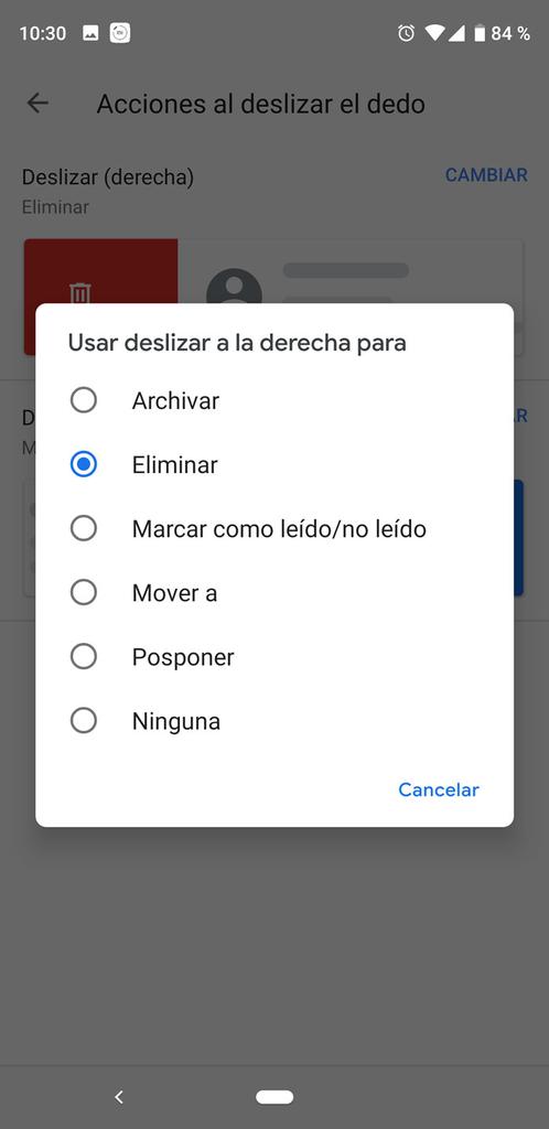 Opciones deslizar dedo en Gmail