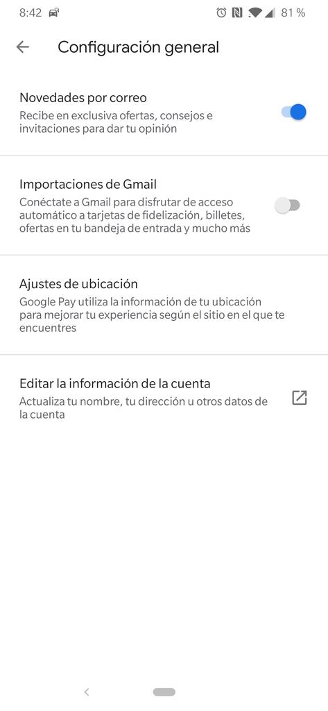 Opciones en Ajustes de Google Pay con Gmail