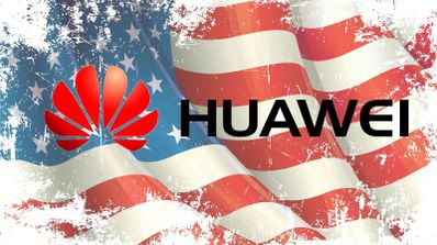 Logo de Huawei y bandera de Estados Unidos