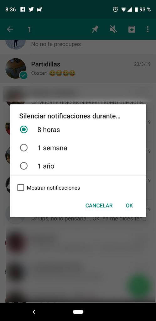 Opciones silenciar en WhatsApp