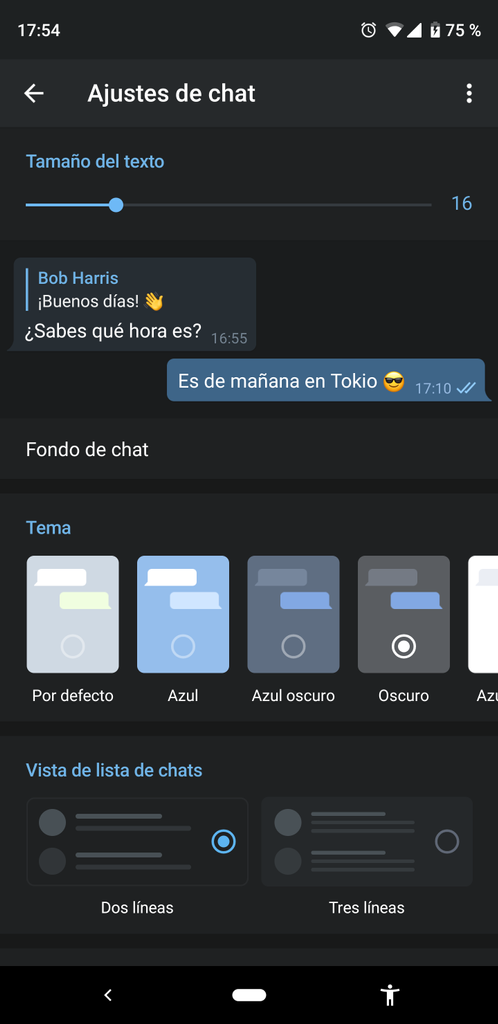 Interfaz oscura de Telegram