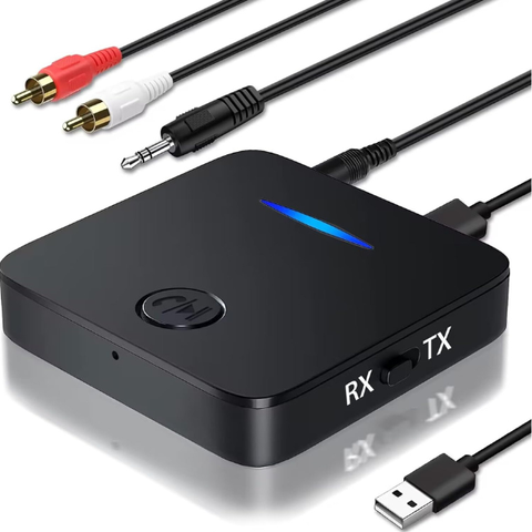 Emisor y receptor Bluetooth con alimentación por USB y conexión minijack.