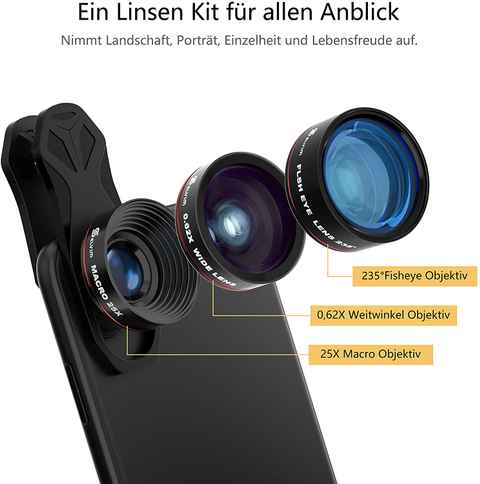 Lente de cámara de teléfono, kit de lente de teléfono celular con clip 5 en  1, lente ojo de pez de 235° + lente macro 25X + lente súper gran angular