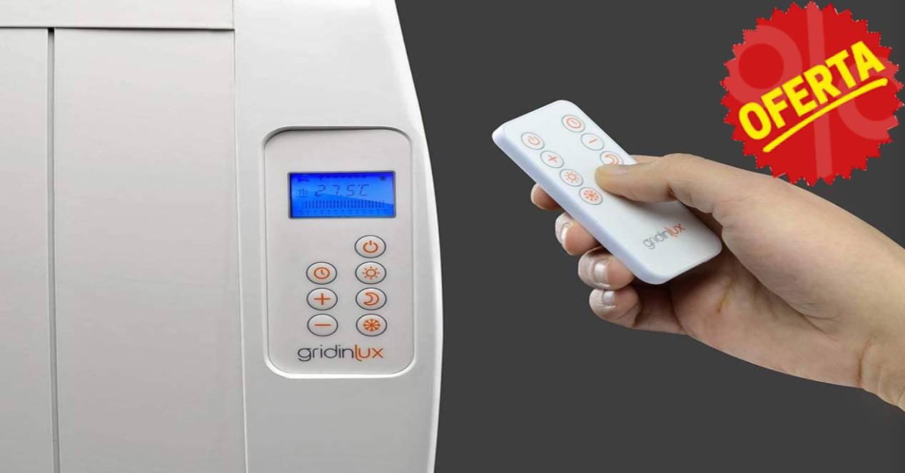 Imagen del radiador eléctrico Gridinlux con mando a distancia y etiqueta de oferta