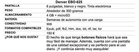 Denver Libro ELECTRONICO 6 EBO-635L Pantalla Pearl RETROILUMINADO