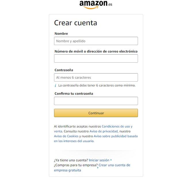 Crear cuenta Amazon