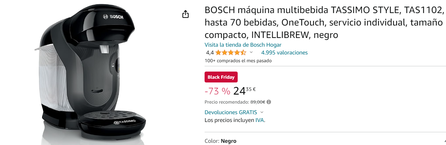 Cafetera de cápsulas Bosch Tassimo Stlye en oferta por 29€