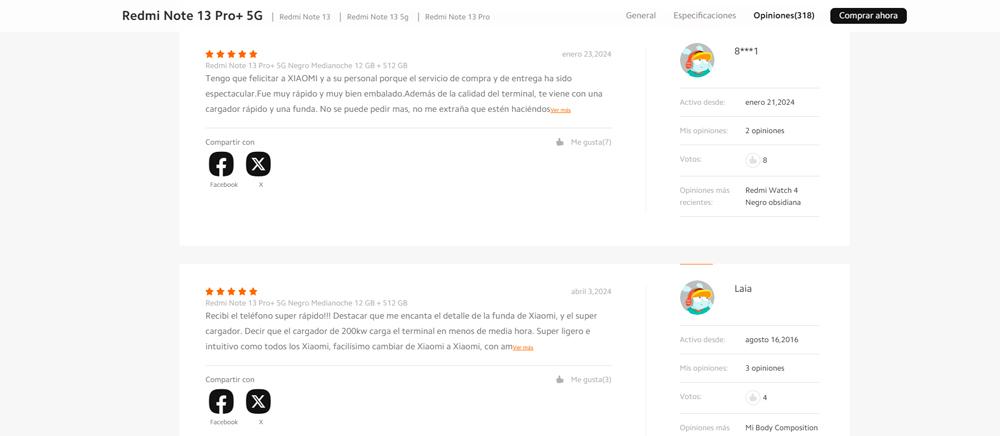 Opiniones del Xiami Redmi Note 13 Pro Plus en la web de Xiaomi