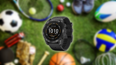 Reloj Garmin Epix Pro Gen 2 con correa de silicona negra en la muñeca de un corredor, mostrando la esfera del reloj con datos de actividad bajo la luz del sol.