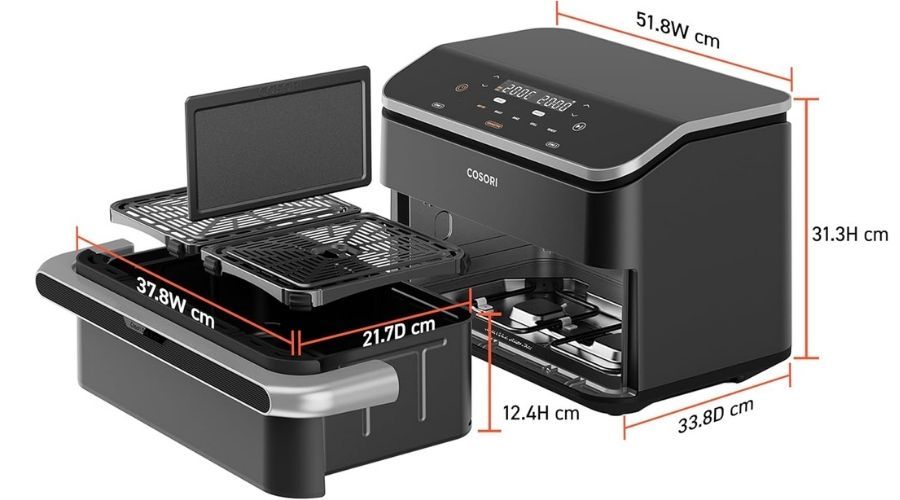 Cosori Freidora de Aire 10L Dual Blaze Twinfry medidas y dimensiones