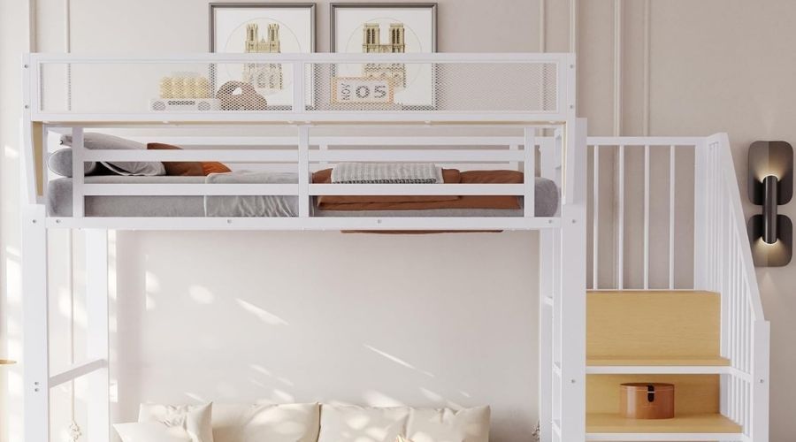 Moimhear Cama alta con escalera de seguridad y compartimento de almacenamiento diseño completo