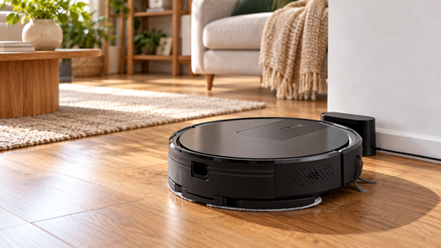 Robot aspirador negro limpiando el suelo de madera de un salón junto a su base de carga.