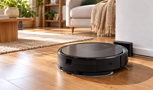 Robot aspirador negro limpiando el suelo de madera de un salón junto a su base de carga.