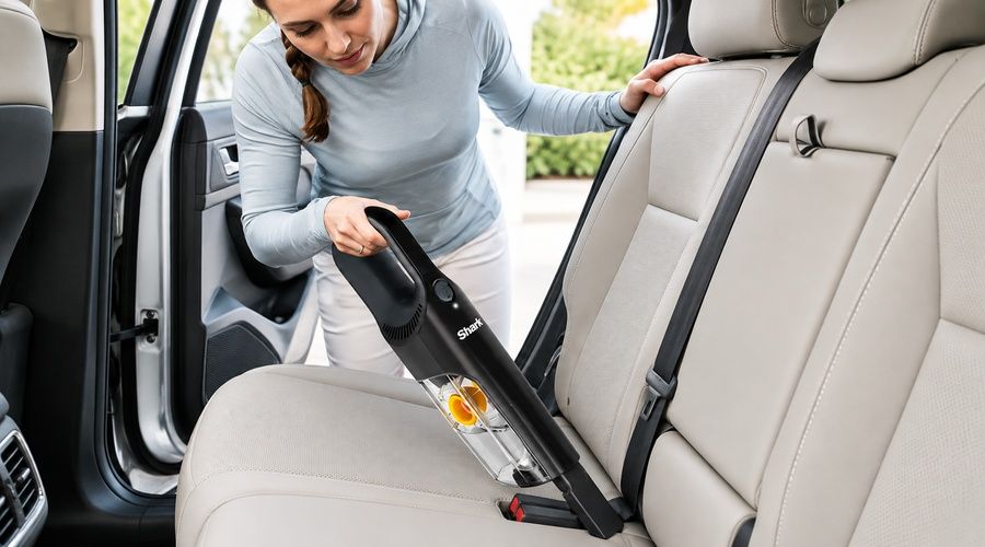 Mujer utilizando una aspiradora de mano para limpiar los asientos y rincones del interior de un coche