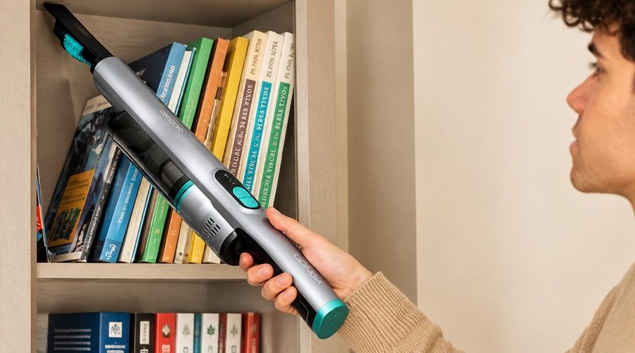 Persona utilizando una aspiradora de mano compacta para limpiar una estantería con libros