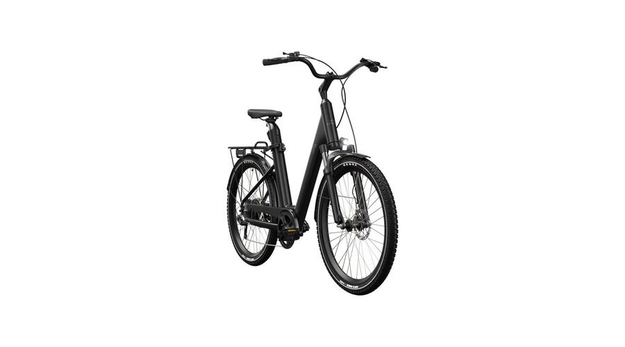 Bicicleta eléctrica CRIVIT Classic negra vista desde una perspectiva frontal, con detalle del manillar, la horquilla y las ruedas