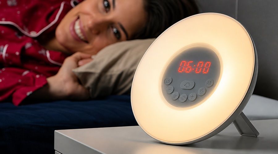 Mujer despertándose junto a un despertador luminoso con simulación del amanecer y pantalla digital