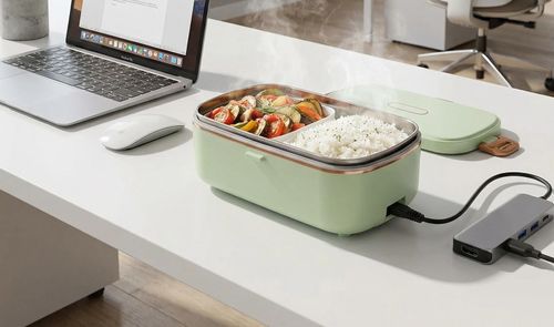 Fiambrera eléctrica con comida caliente sobre una mesa de oficina junto a un ordenador portátil