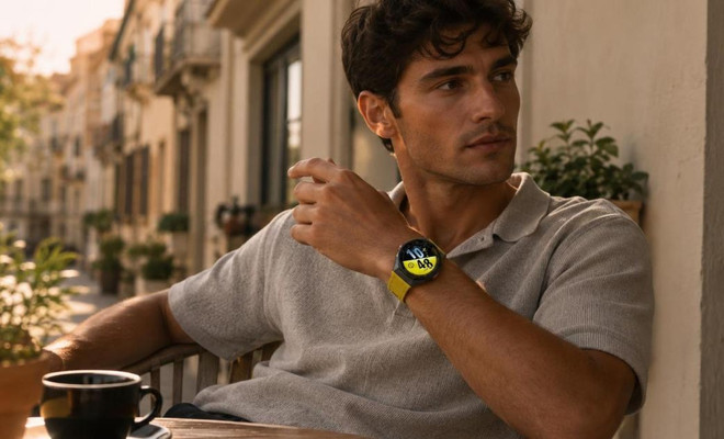 Hombre con un Huawei Watch GT 7 de correa amarilla mientras disfruta de un café en una terraza