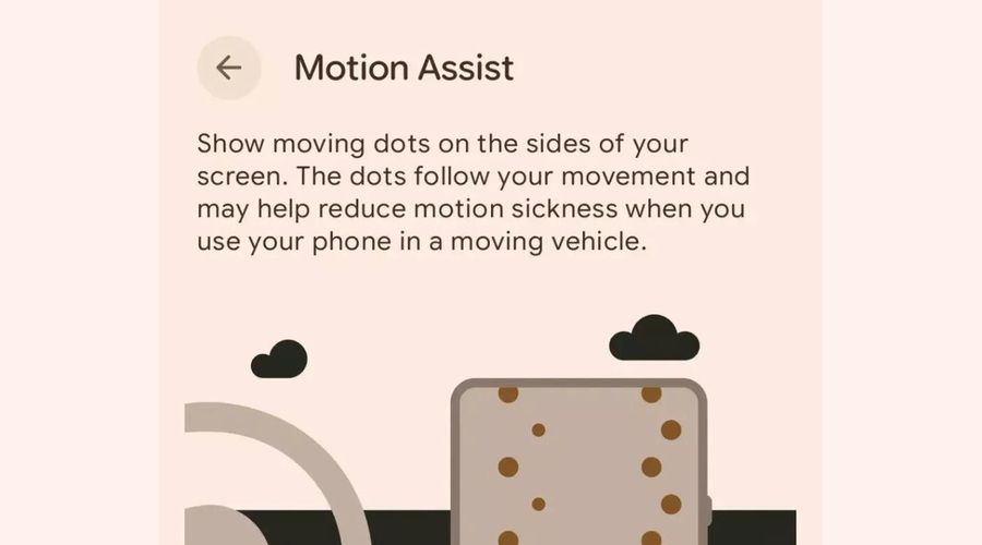 Pantalla de configuración de Motion Assist en Android, con una ilustración de un móvil que muestra puntos en movimiento para reducir el mareo durante los viajes