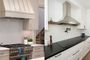 Comparativa entre una campana extractora integrada en el mobiliario y una campana decorativa de pared de acero inoxidable en dos cocinas modernas